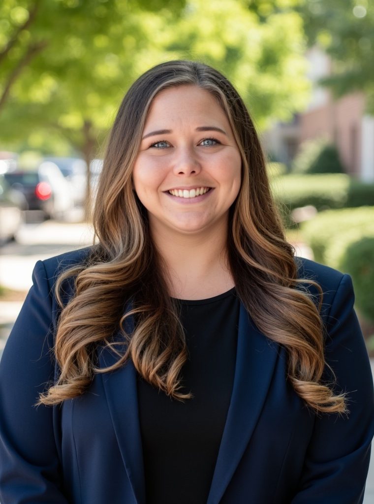 Professional business headshot of Courtney Taylor (wearing a blue suit) - the Account Manager at Executive Edge Recruiting