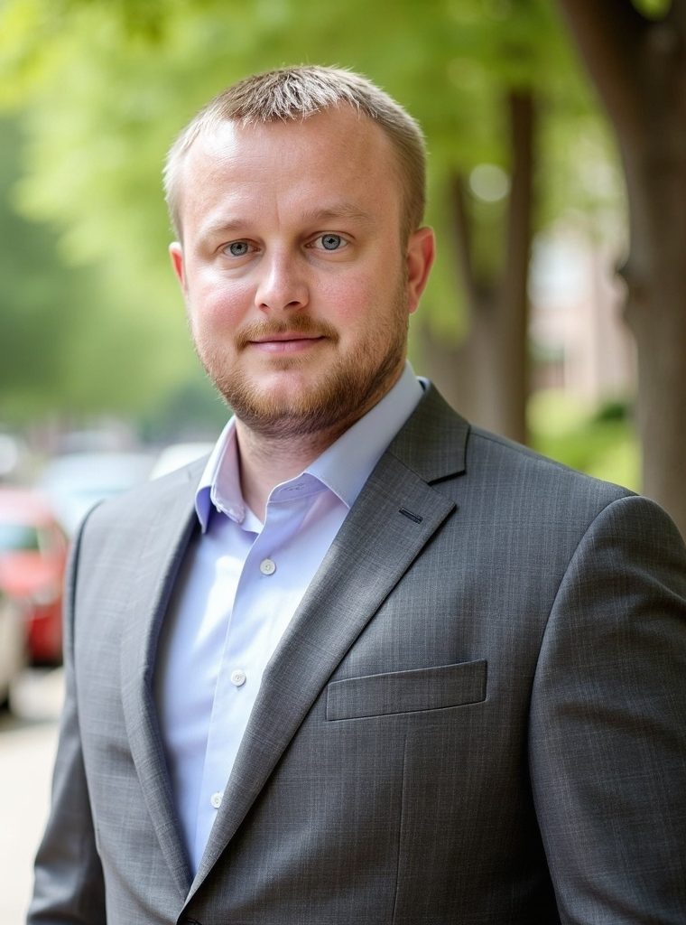 Professional business headshot of Dakota Longpine (wearing a gray suit) - the Executive Recruiter at Executive Edge Recruiting