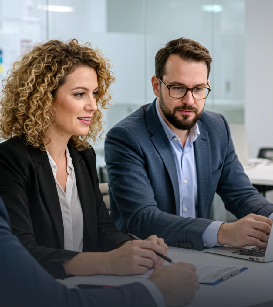 Two business professionals in formal attire sitting at a conference table, with the woman taking notes and the man working on a laptop during a meeting in a modern office.
