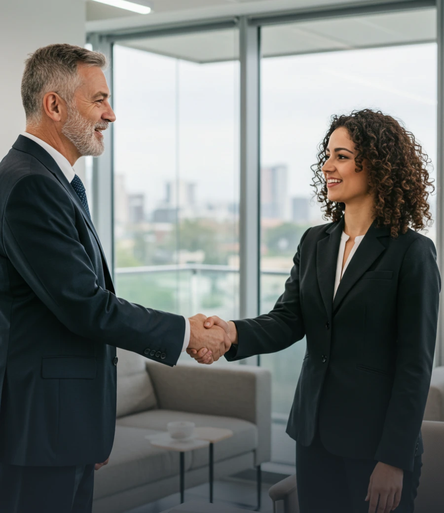 Two business associates - a man and a woman - shaking hands in an office with big windows.