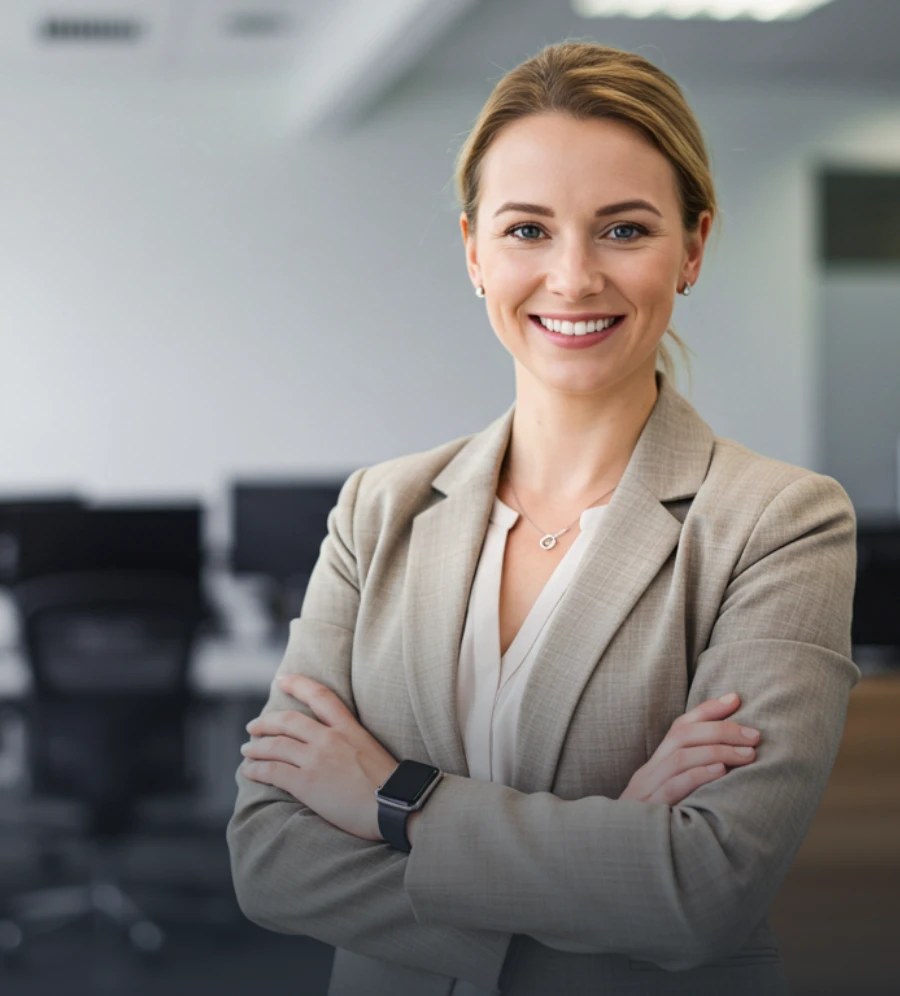 A blonde business woman with folded arms smiling at the camera