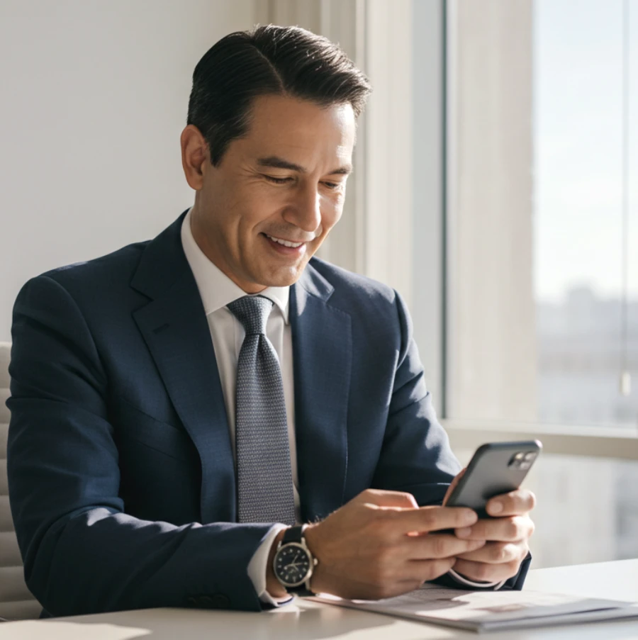 A business man smiling while reading emails on his phone