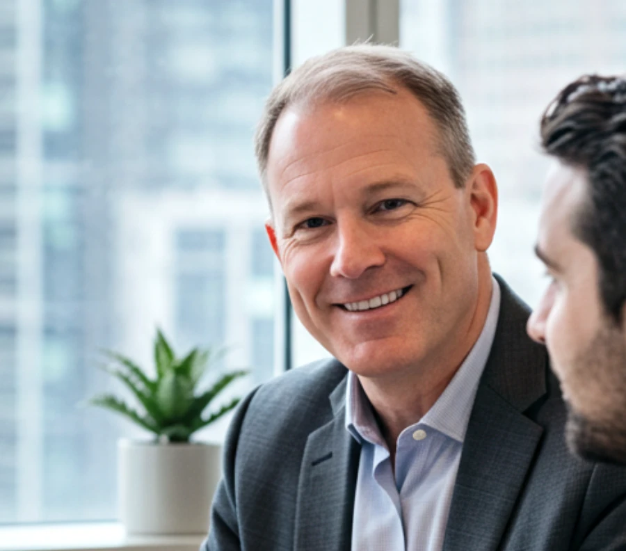 Smiling businessman in a suit sitting by a window, engaged in conversation with a colleague in a modern office setting.