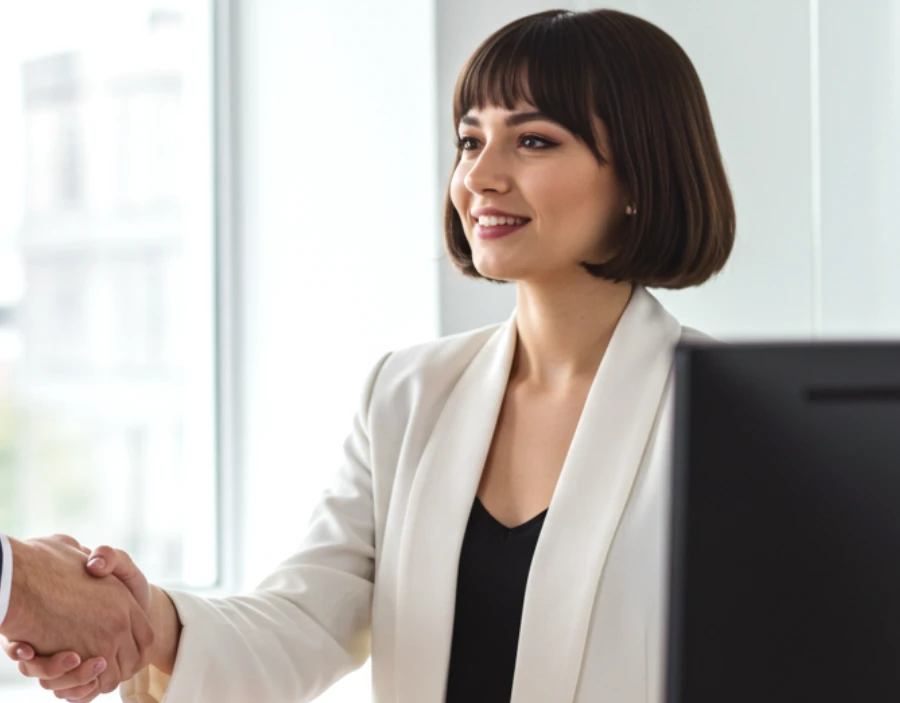 Smiling businesswoman in a white blazer shaking hands with a colleague in a modern office setting.
