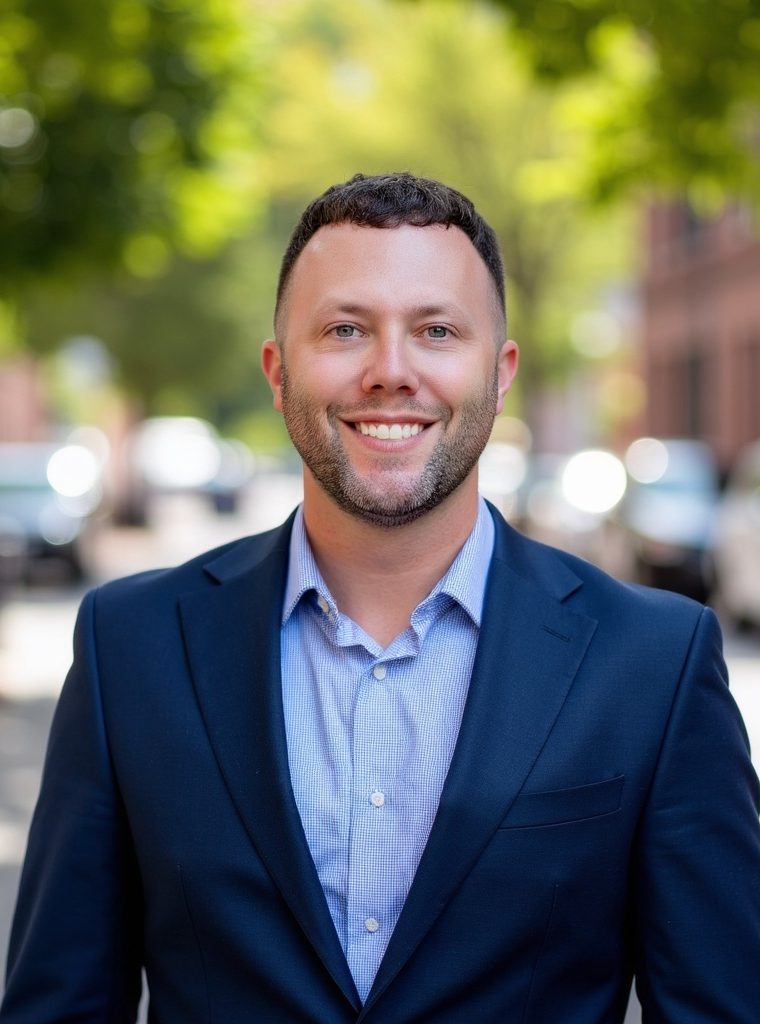 Professional business headshot of Brandon Devlin (wearing a navy suit) - the Business Development Manager at Executive Edge Recruiting